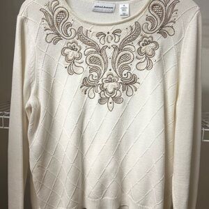 Alfred Dunner Cream and Brown Crew Neck Sweater with Ornate Embroidery